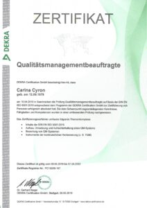 DEKRA Zertifikat Qualitätsmanagementbeauftragte Carina Cyron Dental hygieneberaterin