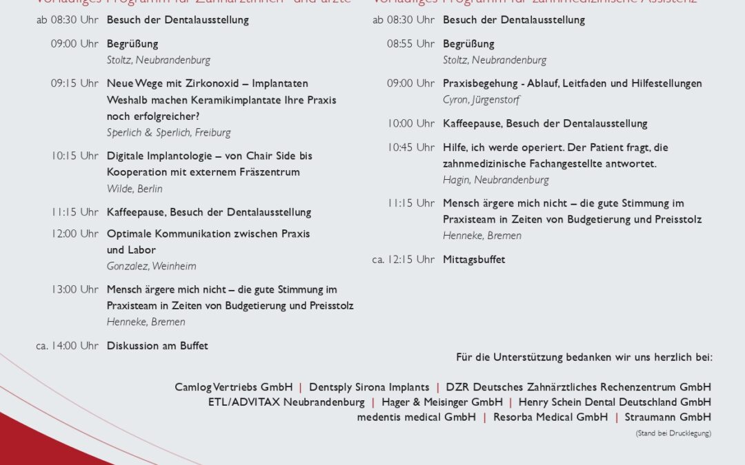 Vorläufiges Programm zum Neubrandenburger Implantologietag 2024